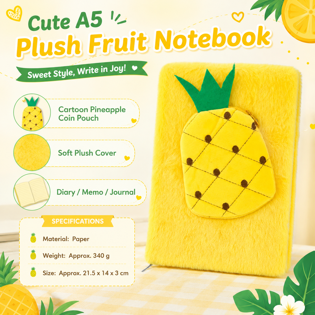 A5 Plush Fruit Notebook  with detachable pineapple-shaped coin purse â€” features a soft plush cover and 80 lined pages; a cute design perfect for school use or journaling