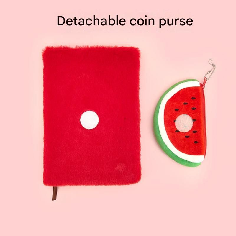 A5 Plush Fruit Notebook  with detachable pineapple-shaped coin purse â€” features a soft plush cover and 80 lined pages; a cute design perfect for school use or journaling