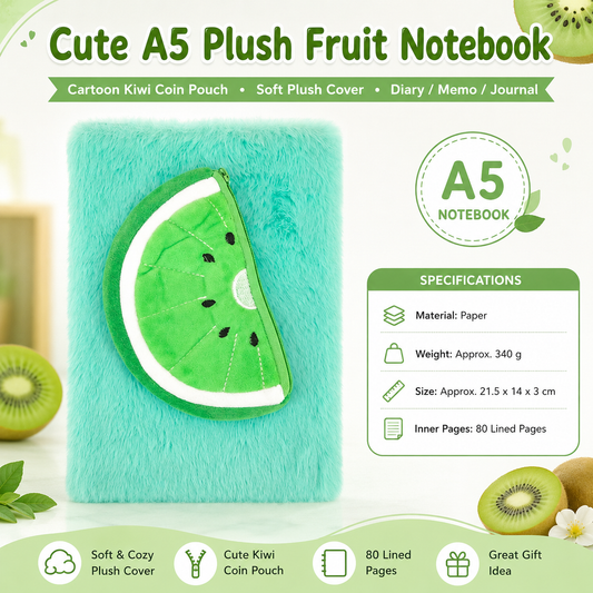 A5 Plush Fruit Notebook  with detachable kiwifruit-shaped coin purse â€” features a soft plush cover and 80 lined pages; a cute design perfect for school use or journaling