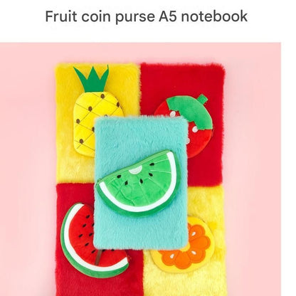 A5 Plush Fruit Notebook  with detachable kiwifruit-shaped coin purse â€” features a soft plush cover and 80 lined pages; a cute design perfect for school use or journaling