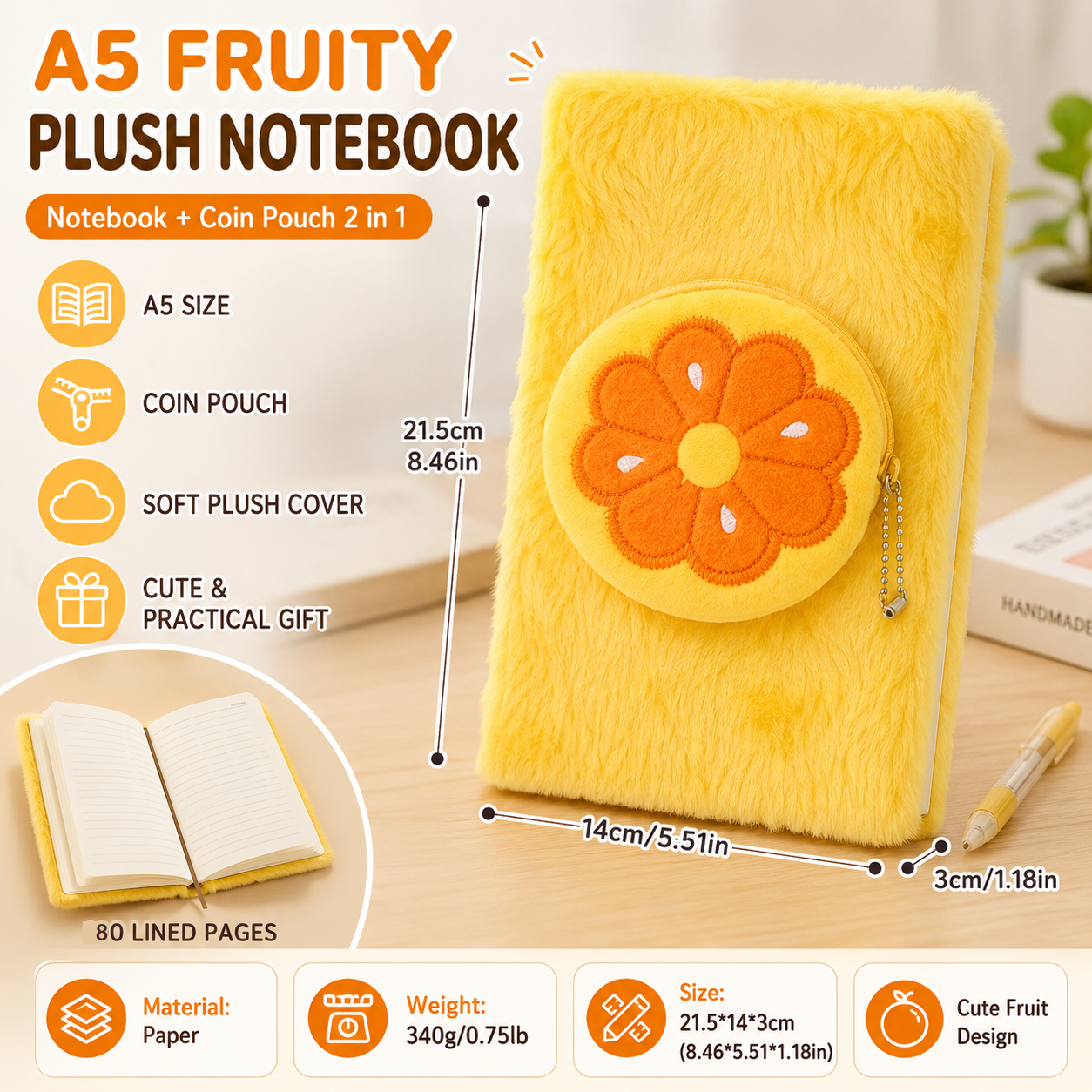 A5 Plush Fruit Notebook  with detachable orange-shaped coin purse â€” features a soft plush cover and 80 lined pages; a cute design perfect for school use or journaling