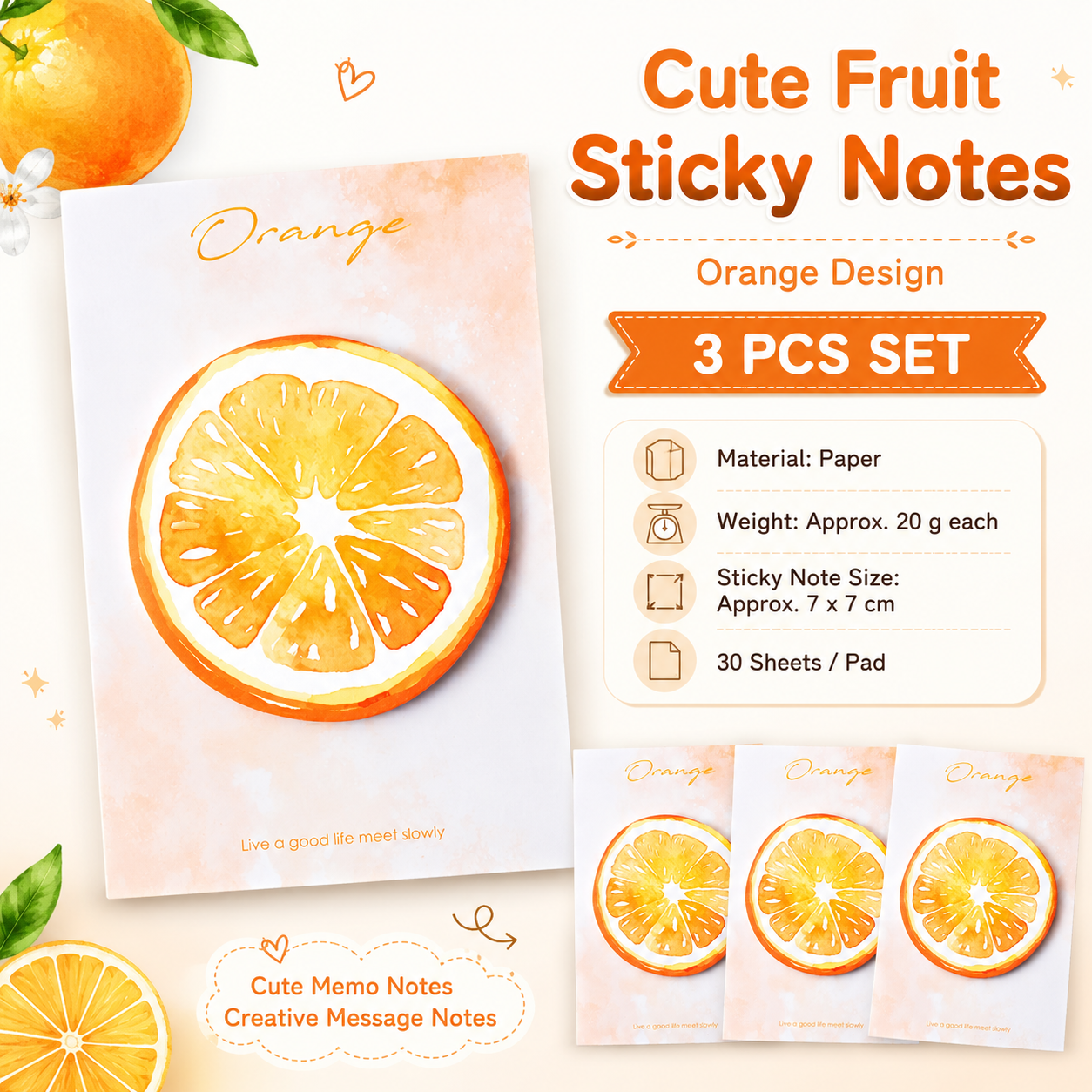 3 Packs  Orange Design Fruit Shaped Sticky Notes - Cute Memo Pads for Journaling Office School - Reusable Adhesive Labels Gift Ready