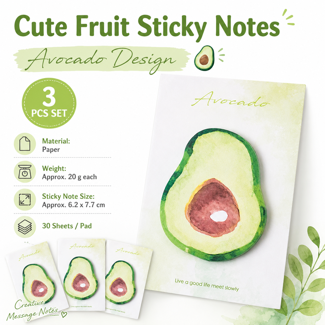 3 Packs Avocado Design Fruit Shaped Sticky Notes - Cute Memo Pads for Journaling Office School - Reusable Adhesive Labels Gift Ready