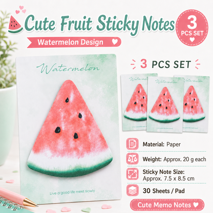 3 Packs Watermelon Design Fruit Shaped Sticky Notes - Cute Memo Pads for Journaling Office School - Reusable Adhesive Labels Gift Ready