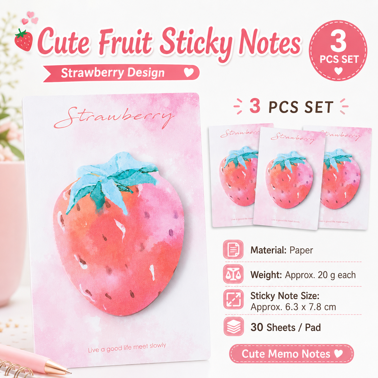 3 Packs Strawberry Design Fruit Shaped Sticky Notes - Cute Memo Pads for Journaling Office School - Reusable Adhesive Labels Gift Ready