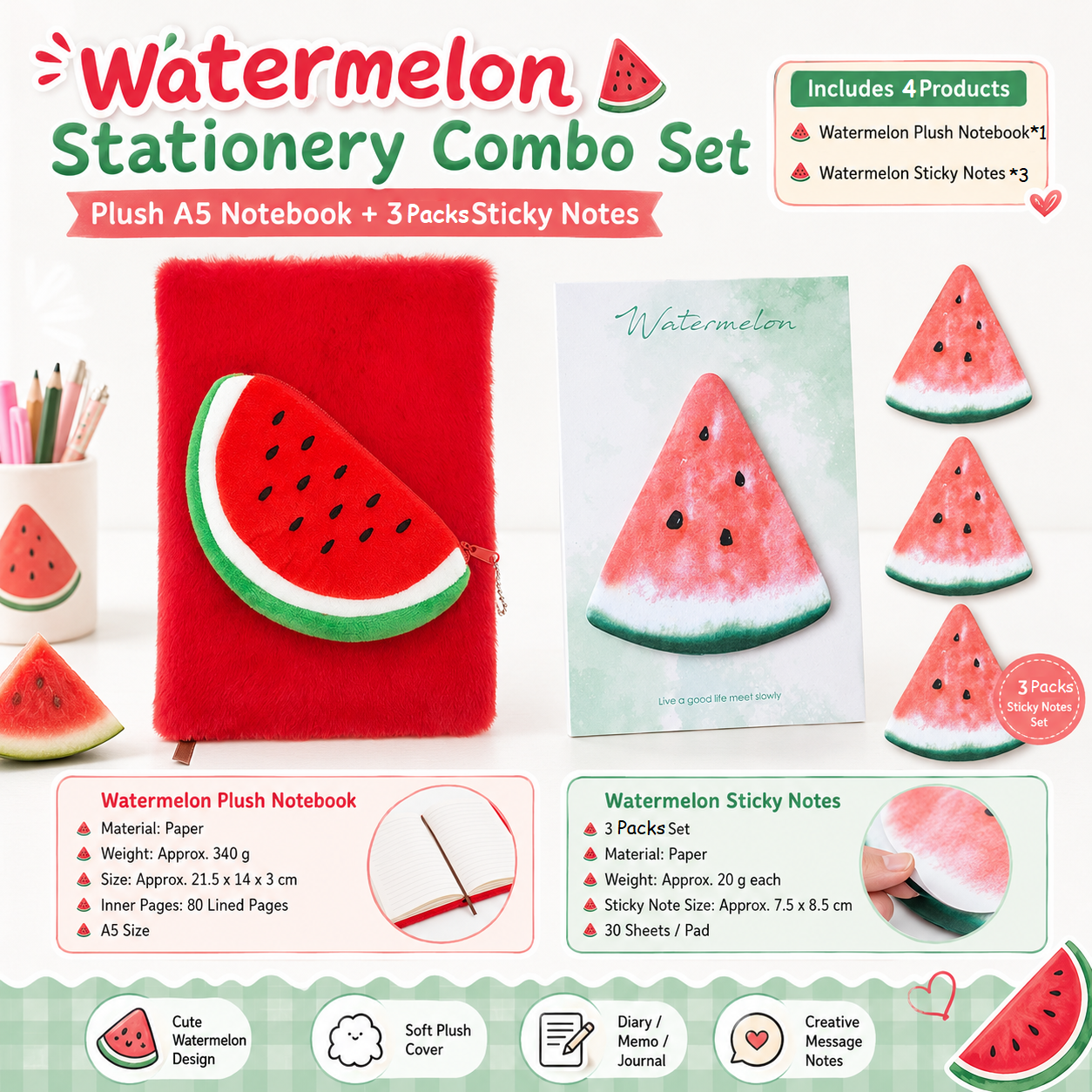 Fruit-Shaped Office Supplies Set-3 packs Watermelon Shaped Sticky Notes  and A5 Plush Notebook with Watermelon Shaped Detachable Coin Purse - Cute Memo Pads for Journaling Office School Gift Ready