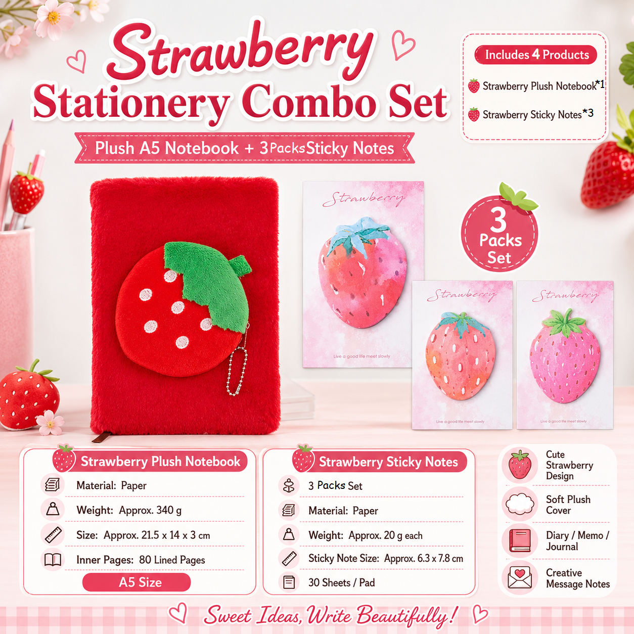 Fruit-Shaped Office Supplies Set-3 packs Strawberry Shaped Sticky Notes  and A5 Plush Notebook with Strawberry Shaped Detachable Coin Purse - Cute Memo Pads for Journaling Office School Gift Ready