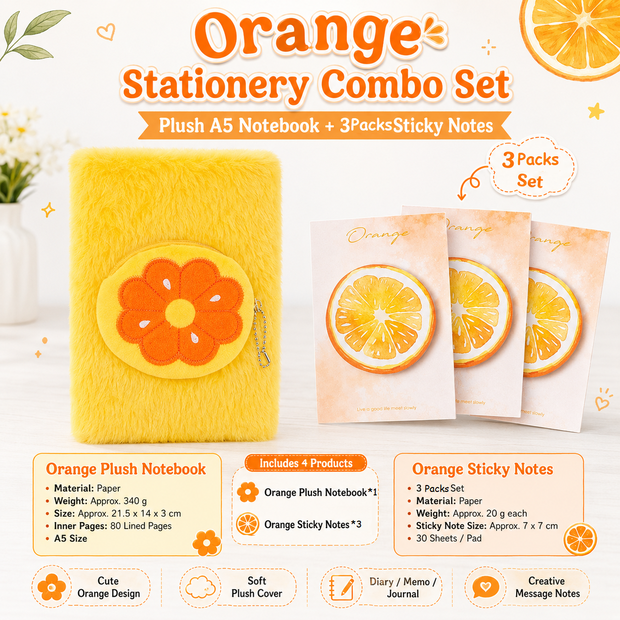 Fruit-Shaped Office Supplies Set-3 packs Orange Shaped Sticky Notes  and A5 Plush Notebook with Orange Shaped Detachable Coin Purse - Cute Memo Pads for Journaling Office School Gift Ready