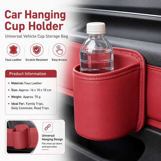 Red Universal Car Door Cup Holder - PU Leather Hanging Storage Organizer for Seat Back and Console side and Door storage compartment - Multi-Purpose Beverage Pocket with Secure Clip Design for Travel and Commute