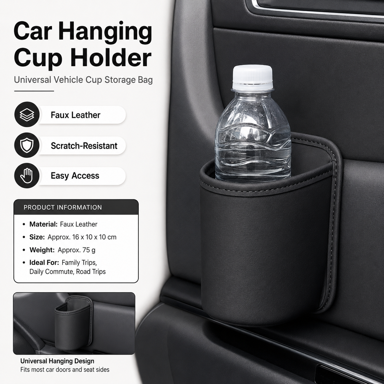 Black Universal Car Door Cup Holder - PU Leather Hanging Storage Organizer for Seat Back and Console side and Door storage compartment - Multi-Purpose Beverage Pocket with Secure Clip Design for Travel and Commute