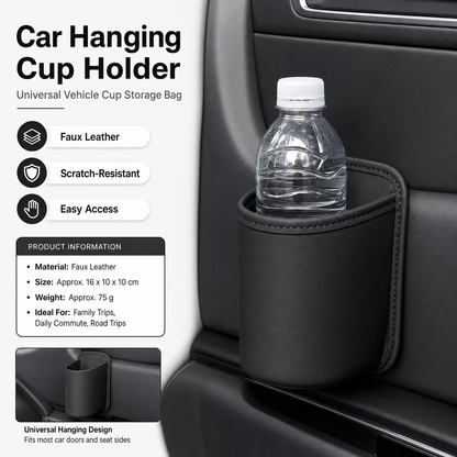 Black Universal Car Door Cup Holder - PU Leather Hanging Storage Organizer for Seat Back and Console side and Door storage compartment - Multi-Purpose Beverage Pocket with Secure Clip Design for Travel and Commute