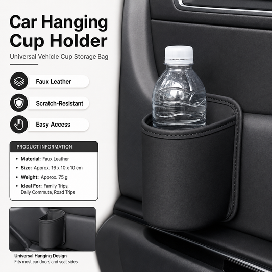 Black Universal Car Door Cup Holder - PU Leather Hanging Storage Organizer for Seat Back and Console side and Door storage compartment - Multi-Purpose Beverage Pocket with Secure Clip Design for Travel and Commute