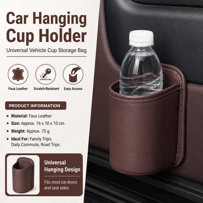 Brown Universal Car Door Cup Holder - PU Leather Hanging Storage Organizer for Seat Back and Console side and Door storage compartment - Multi-Purpose Beverage Pocket with Secure Clip Design for Travel and Commute