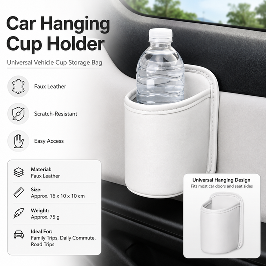 White Universal Car Door Cup Holder - PU Leather Hanging Storage Organizer for Seat Back and Console side and Door storage compartment - Multi-Purpose Beverage Pocket with Secure Clip Design for Travel and Commute