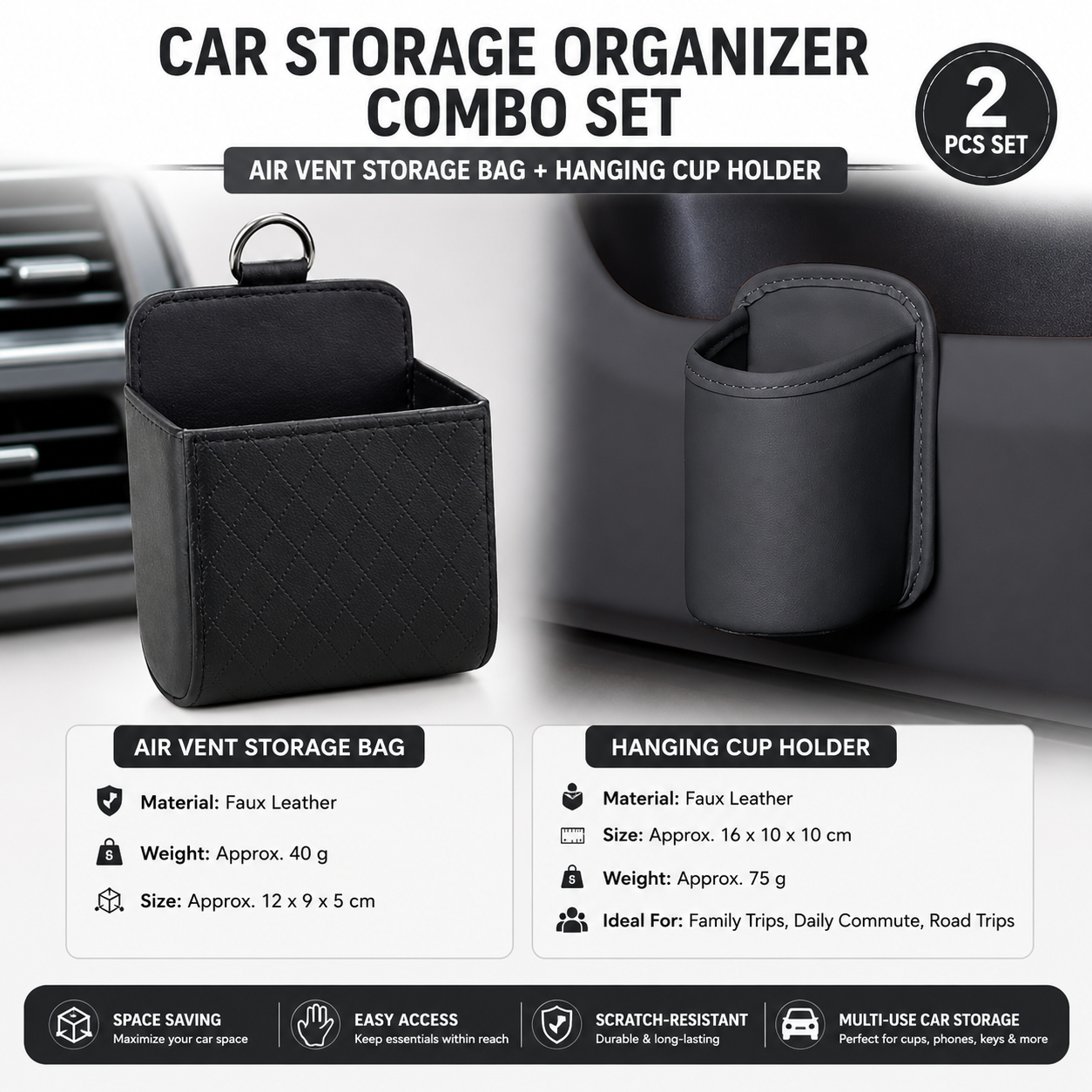 Universal Black Car Storage Set - PU Leather Air Vent Organizer and Hanging Cup Holder for Doors and Seats - Multi-Purpose Interior Tidy for Commute and Travel