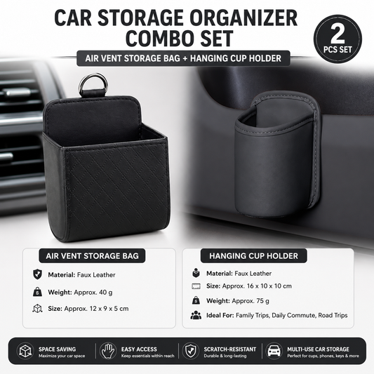Universal Black Car Storage Set - PU Leather Air Vent Organizer and Hanging Cup Holder for Doors and Seats - Multi-Purpose Interior Tidy for Commute and Travel