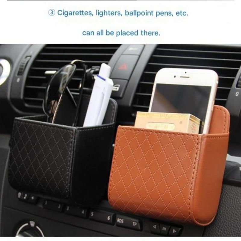 Universal Brown Car Storage Set - PU Leather Air Vent Organizer and Hanging Cup Holder for Doors and Seats - Multi-Purpose Interior Tidy for Commute and Travel