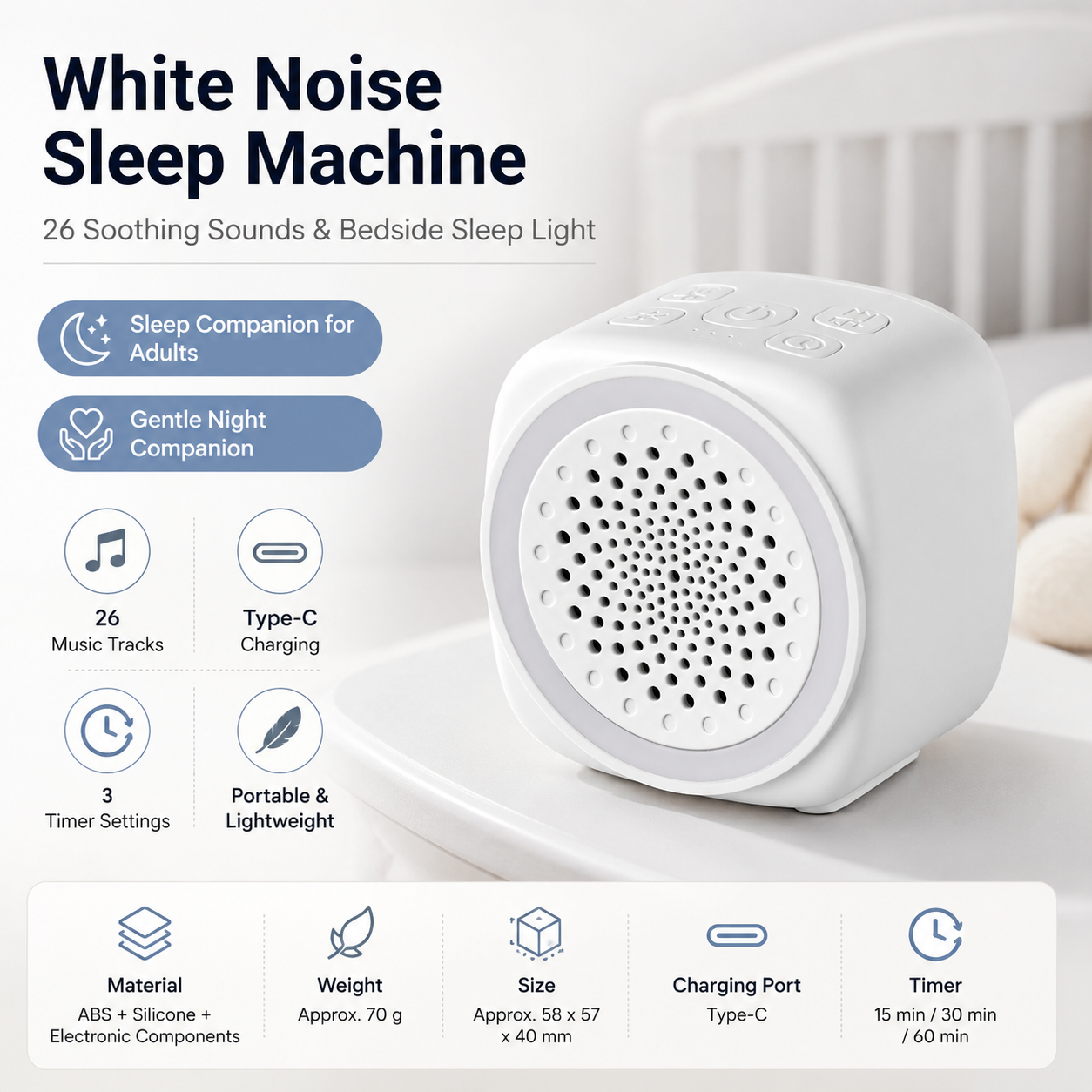 Lightweight and portable White Noise Sleep Machine with Night Light - 26 Soothing Sounds, 7-Color LED, Timer & USB-C Charging for Adults