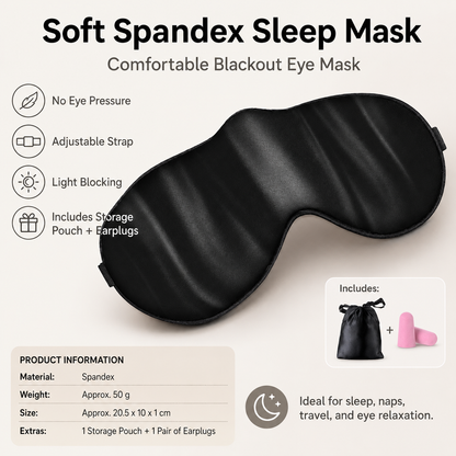 Black Spandex Sleep Eye Mask - 360 Degree Blackout, Zero Pressure Fit, Adjustable Strap, Includes Storage Bag and Earplugs for Travel and Napping