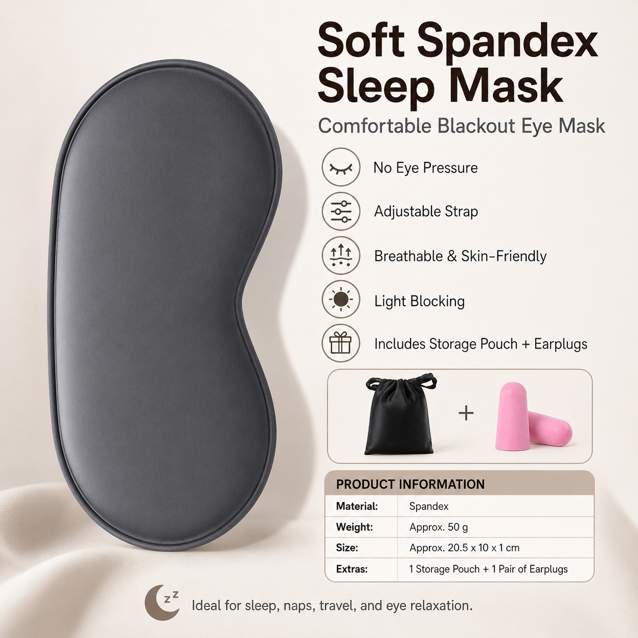 Grey Spandex Sleep Eye Mask - 360 Degree Blackout, Zero Pressure Fit, Adjustable Strap, Includes Storage Bag and Earplugs for Travel and Napping