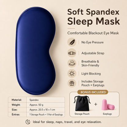 Blue Spandex Sleep Eye Mask - 360 Degree Blackout, Zero Pressure Fit, Adjustable Strap, Includes Storage Bag and Earplugs for Travel and Napping