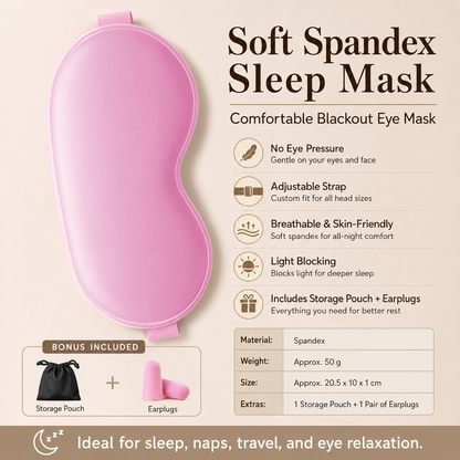 Pink Spandex Sleep Eye Mask - 360 Degree Blackout, Zero Pressure Fit, Adjustable Strap, Includes Storage Bag and Earplugs for Travel and Napping