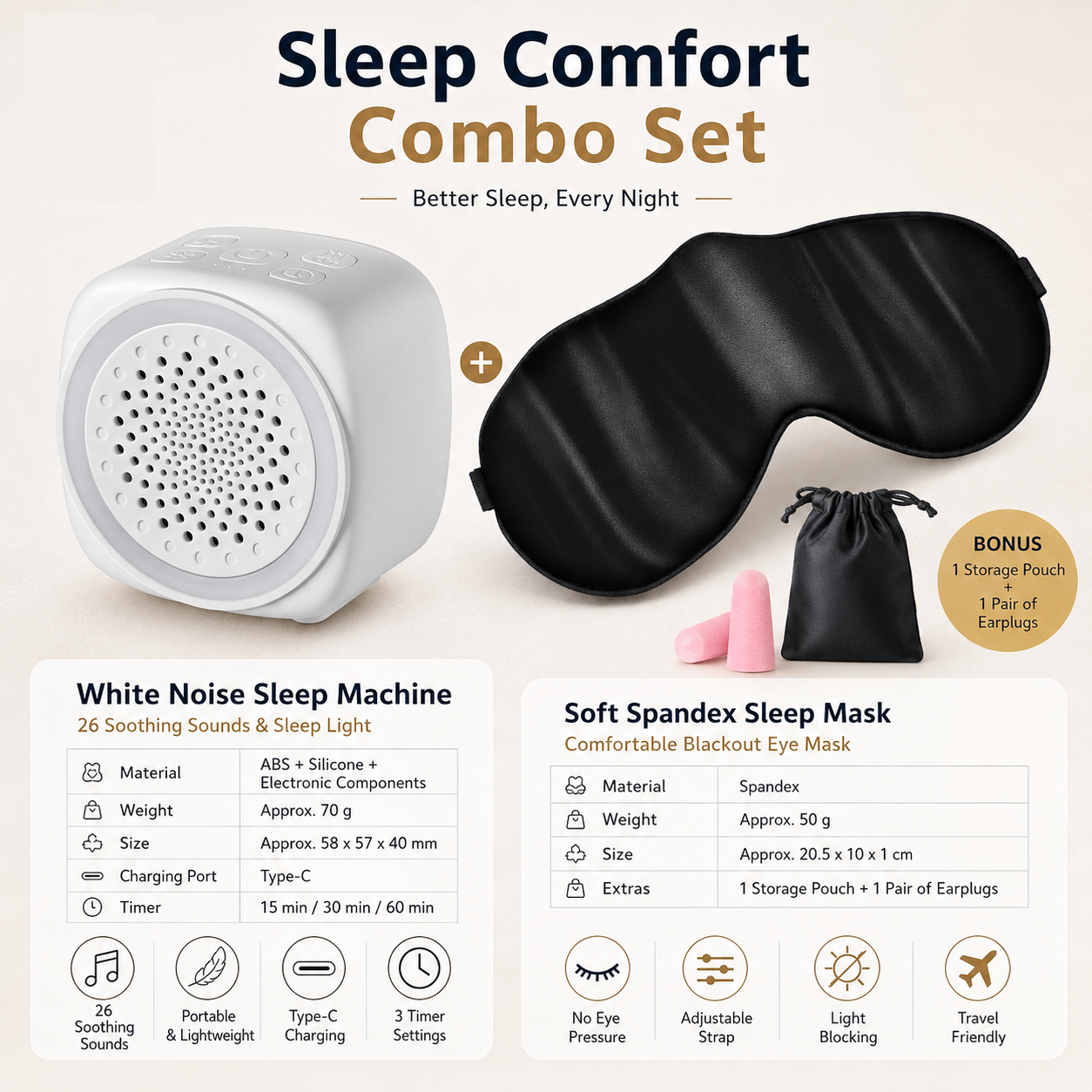 Soft Sleep Aid combination - White Noise Machine with 7-Colour Night Light and Black Spandex Eye Mask, Portable Sound  and Complete shading environment for Better Rest
