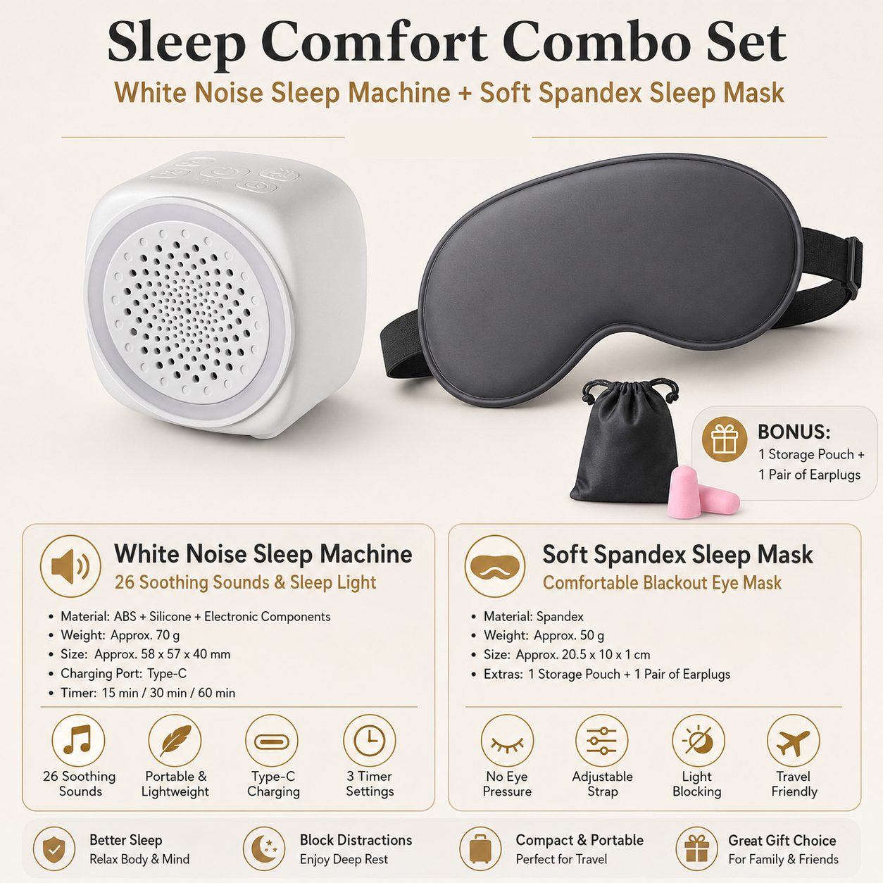 Soft Sleep Aid combination - White Noise Machine with 7-Colour Night Light and Grey Spandex Eye Mask, Portable Sound  and Complete shading environment for Better Rest