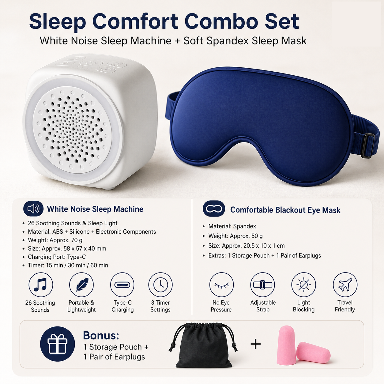 Soft Sleep Aid combination - White Noise Machine with 7-Colour Night Light and Blue Spandex Eye Mask, Portable Sound  and Complete shading environment for Better Rest