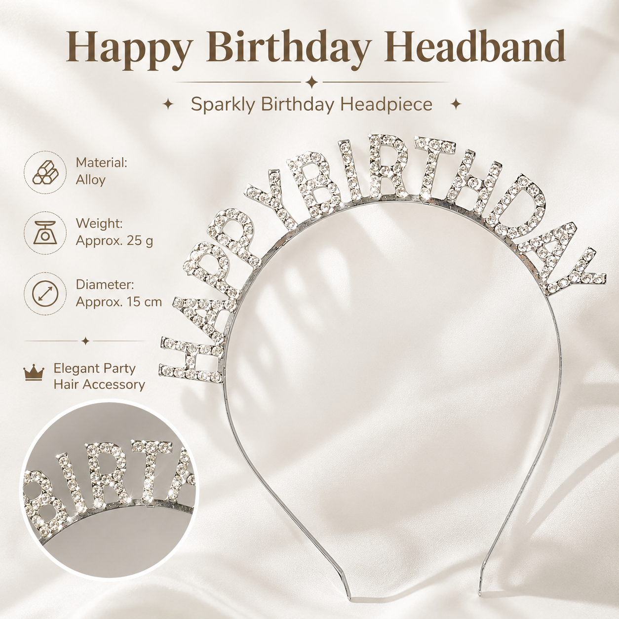 Silver Happy Birthday Rhinestone Headband - Alloy Party Hair Accessory with Sparkling Letters, Lightweight Design for Celebrations and Photo Props