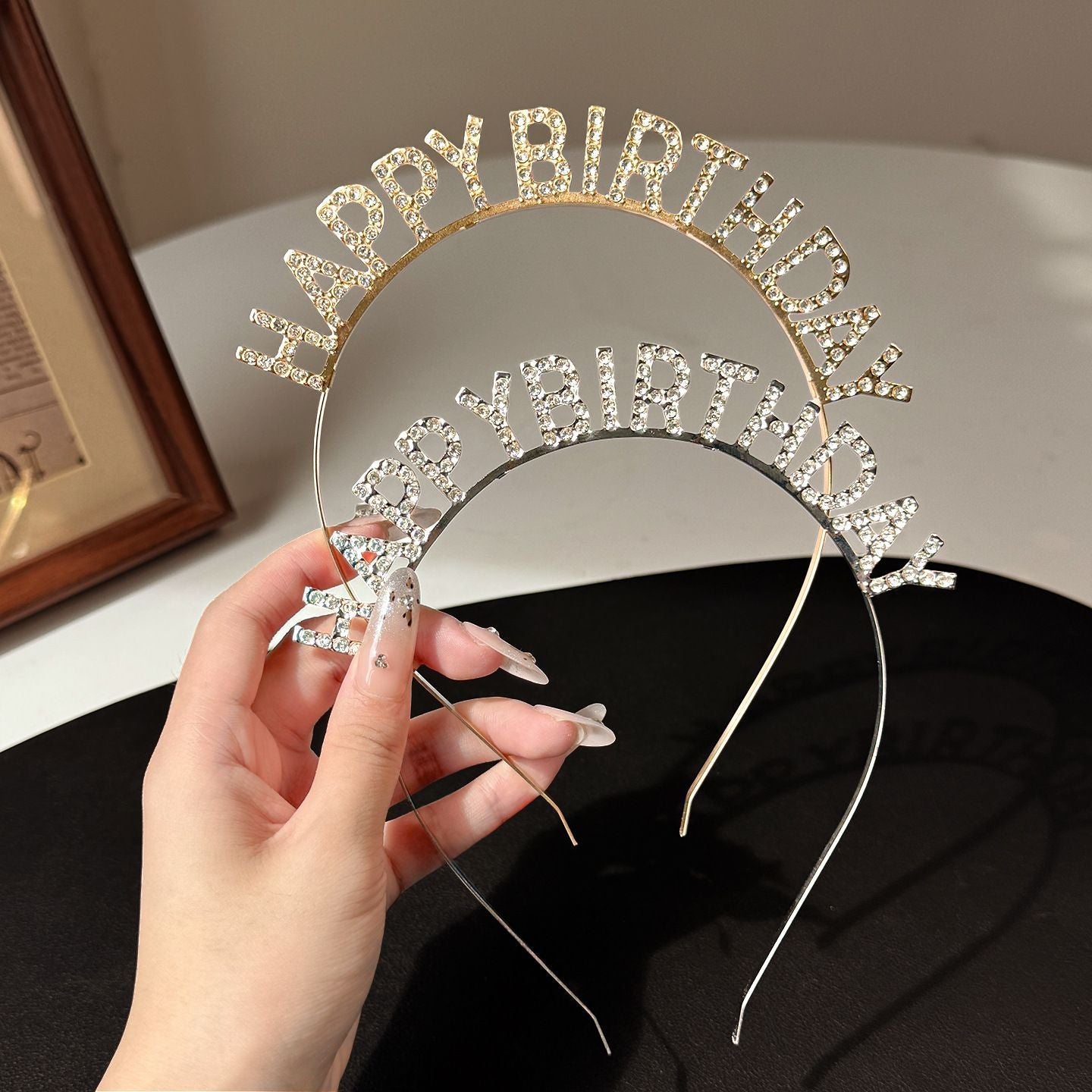 Silver Happy Birthday Rhinestone Headband - Alloy Party Hair Accessory with Sparkling Letters, Lightweight Design for Celebrations and Photo Props