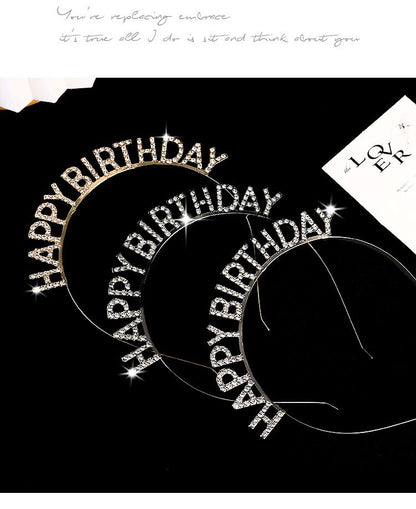 Silver Happy Birthday Rhinestone Headband - Alloy Party Hair Accessory with Sparkling Letters, Lightweight Design for Celebrations and Photo Props