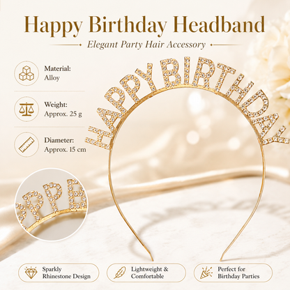Golden Happy Birthday Rhinestone Headband - Alloy Party Hair Accessory with Sparkling Letters, Lightweight Design for Celebrations and Photo Props