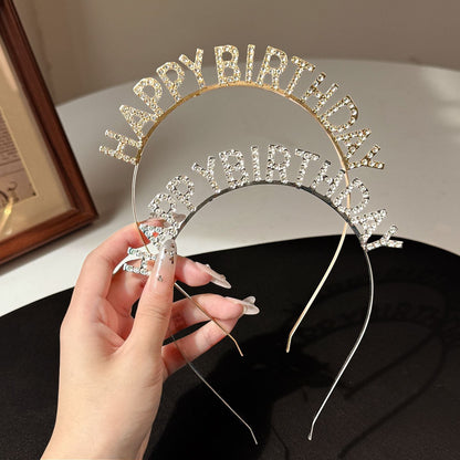 Golden Happy Birthday Rhinestone Headband - Alloy Party Hair Accessory with Sparkling Letters, Lightweight Design for Celebrations and Photo Props