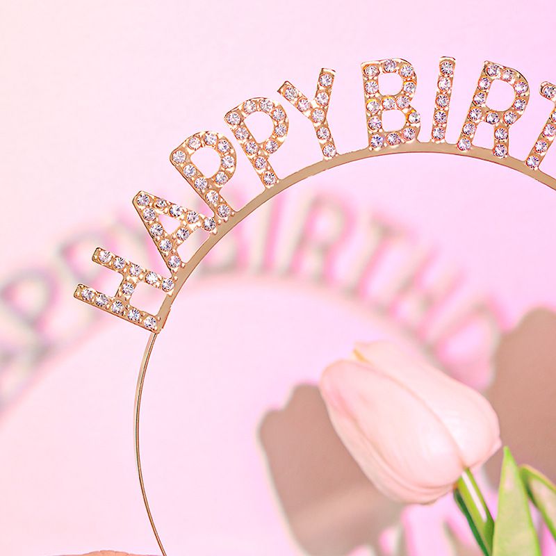 Golden Happy Birthday Rhinestone Headband - Alloy Party Hair Accessory with Sparkling Letters, Lightweight Design for Celebrations and Photo Props