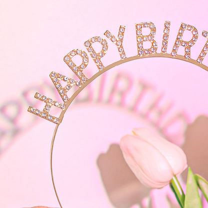Golden Happy Birthday Rhinestone Headband - Alloy Party Hair Accessory with Sparkling Letters, Lightweight Design for Celebrations and Photo Props