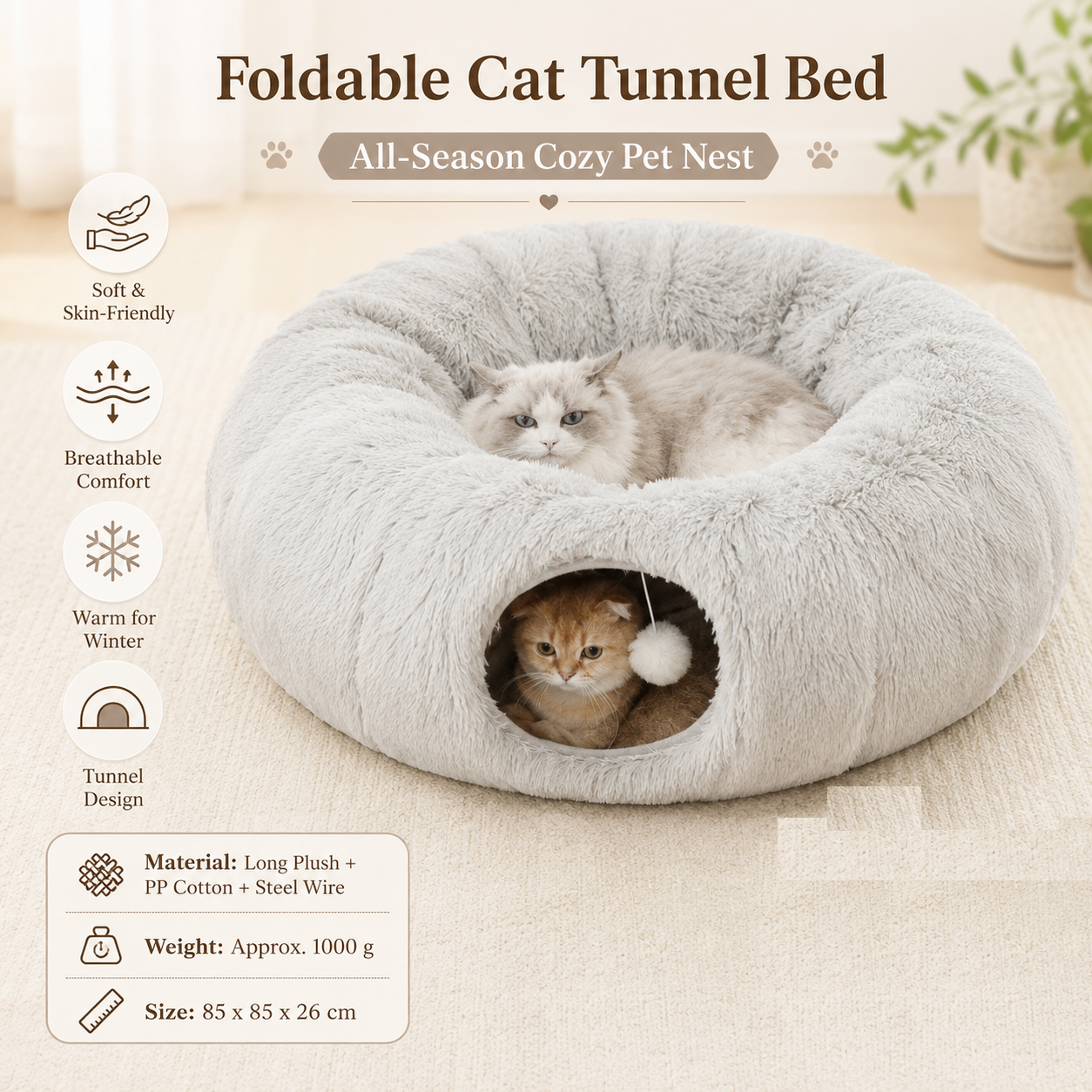 Grey Foldable Cat Tunnel Bed - Plush 2-in-1 Pet Nest with 26cm Wide Opening, Non-Slip Base and Hanging Toy for Indoor Cats