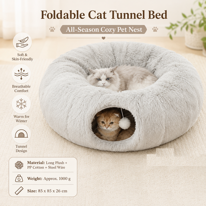 Grey Foldable Cat Tunnel Bed - Plush 2-in-1 Pet Nest with 26cm Wide Opening, Non-Slip Base and Hanging Toy for Indoor Cats