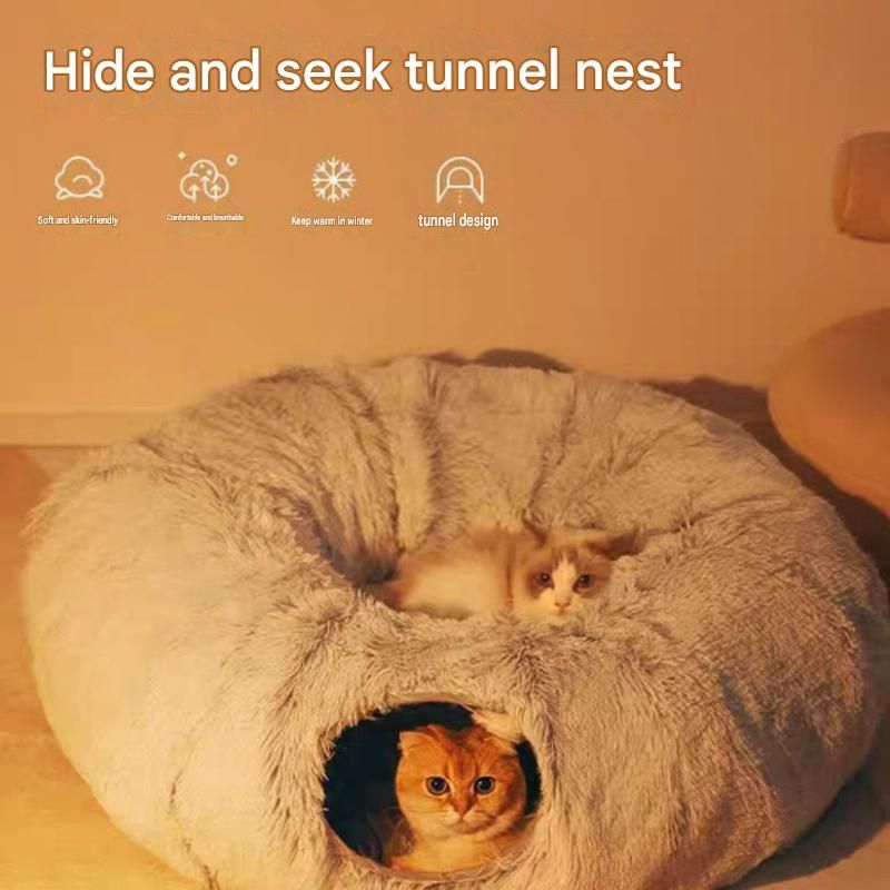 Grey Foldable Cat Tunnel Bed - Plush 2-in-1 Pet Nest with 26cm Wide Opening, Non-Slip Base and Hanging Toy for Indoor Cats
