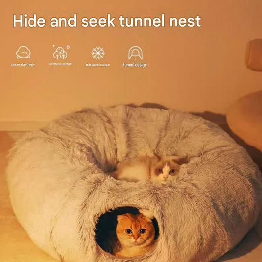 Grey Foldable Cat Tunnel Bed - Plush 2-in-1 Pet Nest with 26cm Wide Opening, Non-Slip Base and Hanging Toy for Indoor Cats