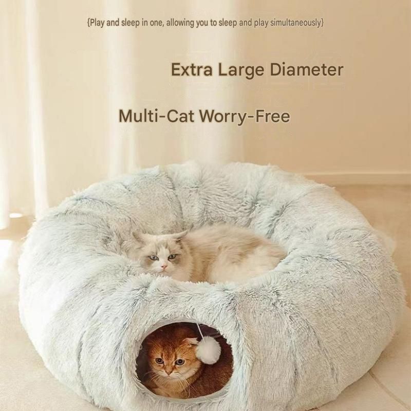 Grey Foldable Cat Tunnel Bed - Plush 2-in-1 Pet Nest with 26cm Wide Opening, Non-Slip Base and Hanging Toy for Indoor Cats