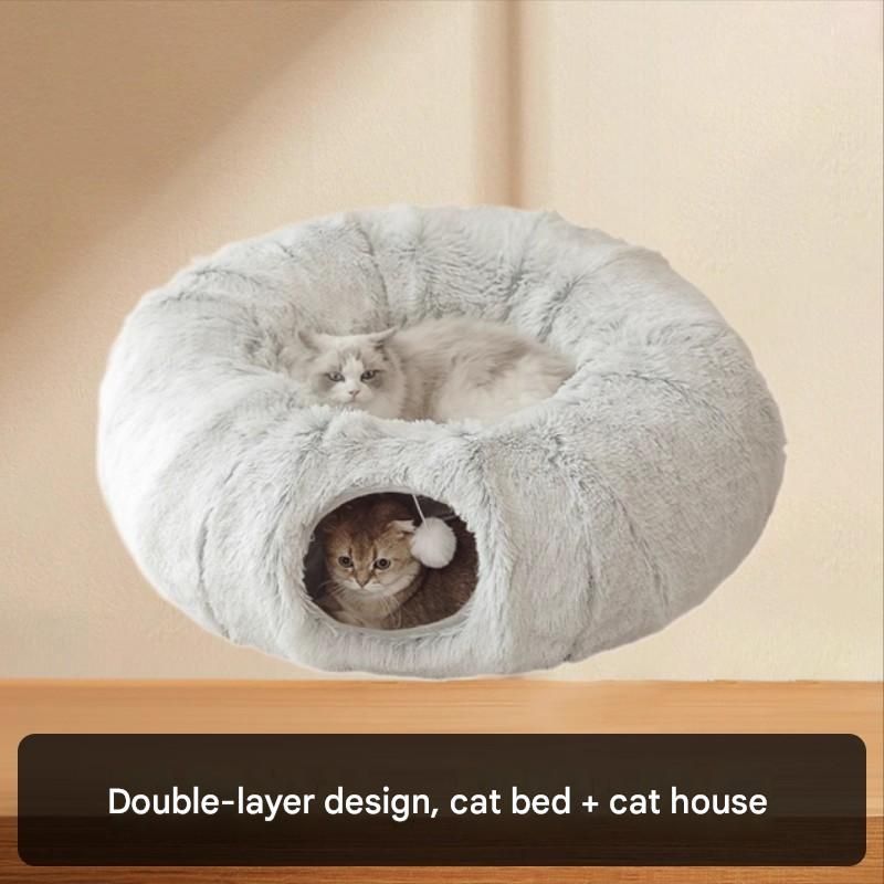 Grey Foldable Cat Tunnel Bed - Plush 2-in-1 Pet Nest with 26cm Wide Opening, Non-Slip Base and Hanging Toy for Indoor Cats