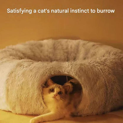 Grey Foldable Cat Tunnel Bed - Plush 2-in-1 Pet Nest with 26cm Wide Opening, Non-Slip Base and Hanging Toy for Indoor Cats