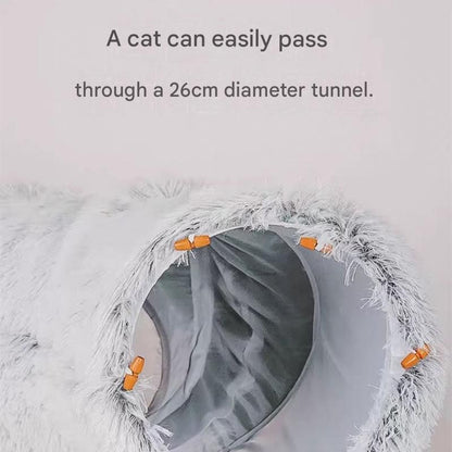 Grey Foldable Cat Tunnel Bed - Plush 2-in-1 Pet Nest with 26cm Wide Opening, Non-Slip Base and Hanging Toy for Indoor Cats