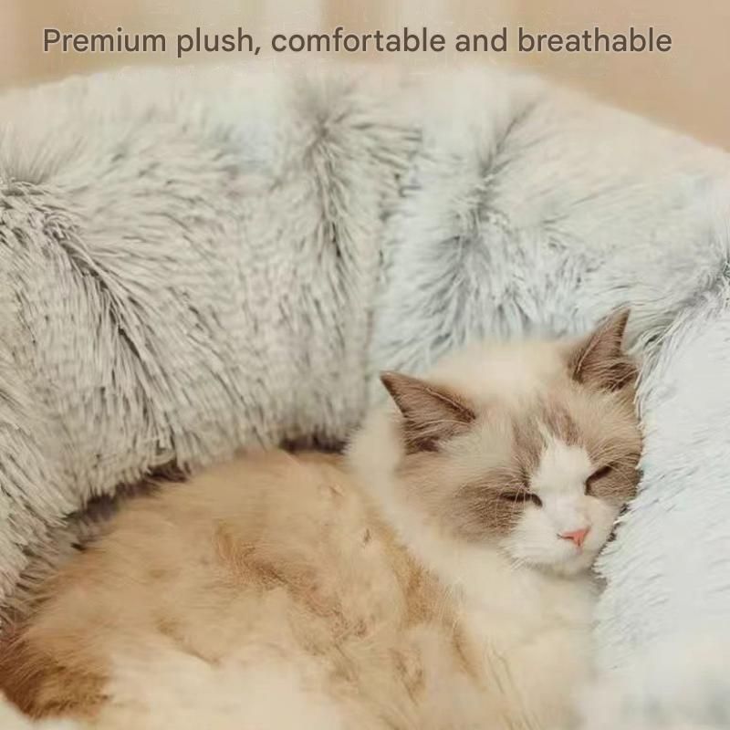 Grey Foldable Cat Tunnel Bed - Plush 2-in-1 Pet Nest with 26cm Wide Opening, Non-Slip Base and Hanging Toy for Indoor Cats