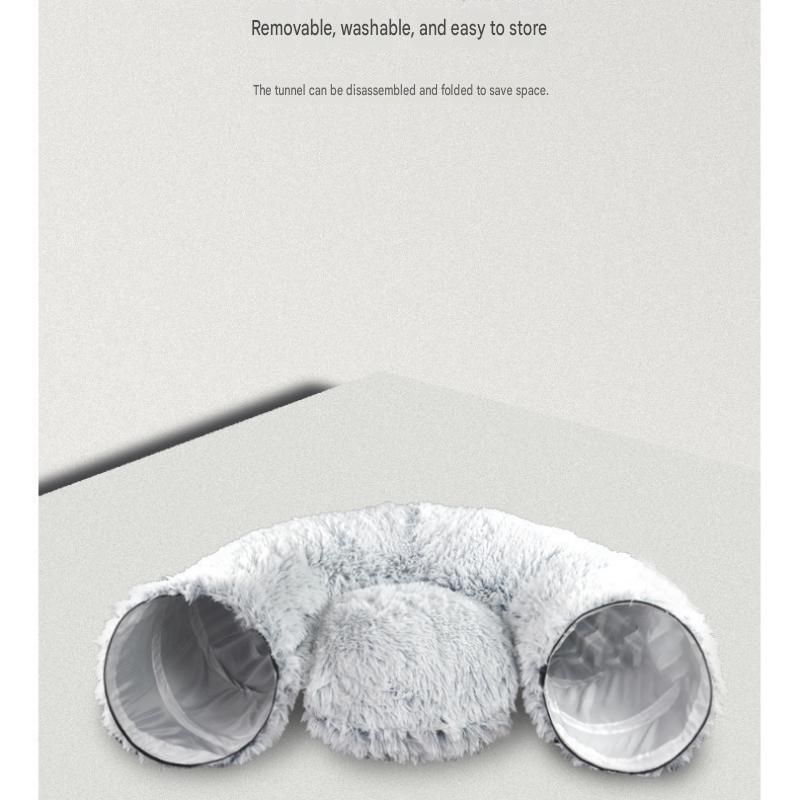 Grey Foldable Cat Tunnel Bed - Plush 2-in-1 Pet Nest with 26cm Wide Opening, Non-Slip Base and Hanging Toy for Indoor Cats