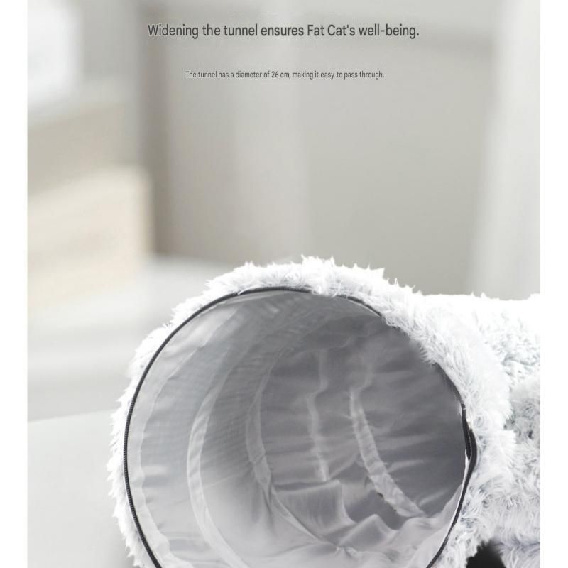 Grey Foldable Cat Tunnel Bed - Plush 2-in-1 Pet Nest with 26cm Wide Opening, Non-Slip Base and Hanging Toy for Indoor Cats