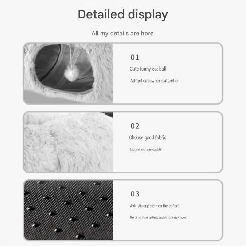 Grey Foldable Cat Tunnel Bed - Plush 2-in-1 Pet Nest with 26cm Wide Opening, Non-Slip Base and Hanging Toy for Indoor Cats