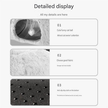Grey Foldable Cat Tunnel Bed - Plush 2-in-1 Pet Nest with 26cm Wide Opening, Non-Slip Base and Hanging Toy for Indoor Cats