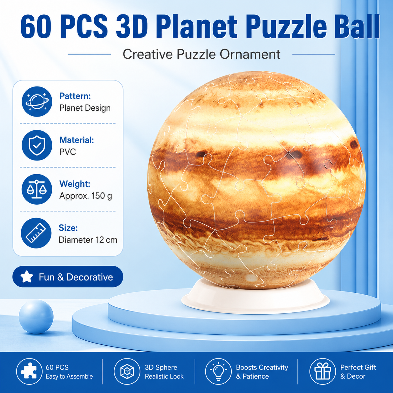 60 Piece 3D Jupiter Puzzle Ball - PVC Sphere Model , Educational Space Toy and Desktop Decor for  Student